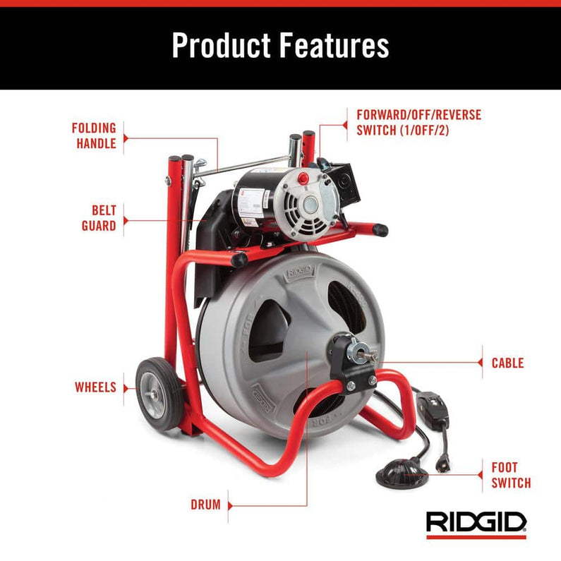 K-400 Drain Cleaning Snake Auger 120-Volt Drum Machine with C-32IW 3/8 in. x 75 ft. Cable + 4-Piece Tool Set & Gloves 52363